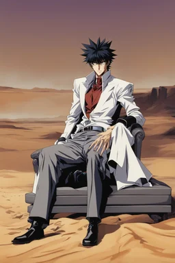 Nicholas Wolfwood Trigun is sitting on a couch in the middle of the desert