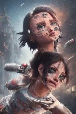 Alita battle angel, portrait from waist up, intricate eyeliner, vibrant eyeshadow, clear completion, soft lighting, 4k resolution, intricate details, insanely detailed, white tank top, vibrant Japanese style tattoo sleeve, colorful cityscape background, masterpiece, expert, cinematic smooth, retroanime style, realistic details