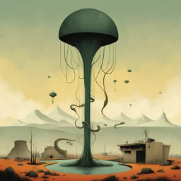 everything has a snake tail!, Surreal style by Alessandro Gottardo and Joan Miro and Zdzislaw Beksinski, world's fair disaster, dark shines a hole in the soul, hot colors and cold hues, eerie, neo-surrealism, creepy, concept art, unbalanced and uncentered