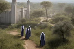gruppo di suore africane con tunica grigia giornata di sole precipizio fuori città , terra