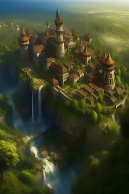 фантастический средневековый город с высоты птичьего полета с замком и лесами и водопадами