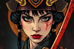 Portrait of a samurai girl with an obsessive, vengeful spirit in the style of Van Gogh, Gustav Klimt, and Kay Nielsen with a bold dramatic color scheme inked by Frank MIller
