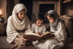 A close-up scene of an Arab mother reading the story from a book with her children around her in the room of the old wooden house near the fireplace 100 years ago.