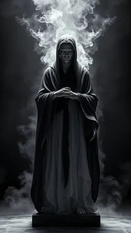 In a mesmerizing and ethereal manner, an otherworldly being emerges in the form of a translucent grey statue flowing smoky black robes. Forward facing