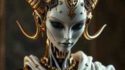 an automaton, doesn't have horns,a beautiful mechanical female demon, beautiful curves, made of ivory porcelain skin, with bronze gold trims, doll-like features, dressed in classical greek clothes, empty black eyes and unexpressive face, full figure, photorealism,face showing deep contemplation, highly detailed, cinematic lighting, Ray tracing