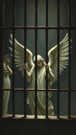 Bosch painting style nightmares, a beautiful all white angels locked behind bars , in dark prison environment with dim lights like 1800 prisons .