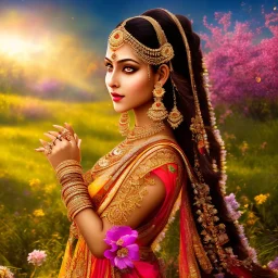 bright indian fairy, beautiful portrait, flowery landscape, light, sun