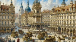 Image is a detailed oil painting depicting a bustling city square, likely from the Baroque period, characterized by its grand architectural style. The layout features a wide, open plaza with a large, ornate fountain at the center, surrounded by numerous horse-drawn carriages and people. The buildings lining the square are multi-storied with intricate facades, including columns and arched windows. A prominent dome and several bell towers rise in the background, adding to the grandeur of the scene