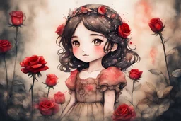 double exposure, merged layers, painted and burned burlap, cute chibi contented brunette anime red rose flower princess in a flowergarden, melting watercolor and black ink outlines on wet paper, soft, shading strokes, in sunshine, ethereal, otherwordly, cinematic postprocessing, bokeh, dof