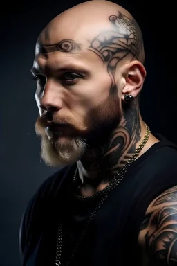 Create a slav bald cop with tattoos on head. He is undercover with blonde beard in future. Make full size