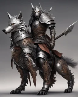 Warrior warrior with leather and metal clothes A combination of a dragon and a wolf and a commander riding on it Warrior warrior with leather and metal clothes and robotic metal