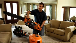 man uses chainsaw on brand new couch in living room