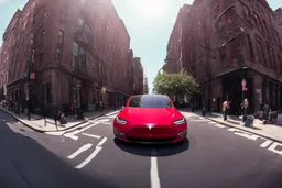 A Tesla 'Model S' is drifting at top speed, in Greenwich Village, in Manhattan. CINEMATIC. WIDE ANGLE LENS. PHOTO REAL.