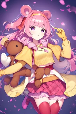 pink hair, yellow cardigan, violet crop top, purple shoes, red tights, orange headband, pink necklace, teddy bear, violet skirt, yellow long gloves