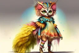 Jean-Baptiste Monge style. Full body of a humanoid biomorph kitten-owl faced woman. Vibrant, colorful. A furry striped dress, covered with owl feathers, in sunshine