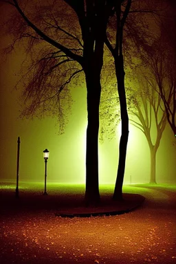 Park at night with lanterns, square bench, and dirt roads, trees, gothic horror films influence, creepy, photography