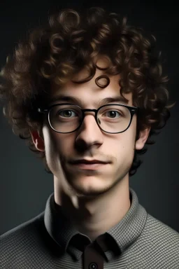 Um nerd com rosto quadrado, cabelo cacheado e usando óculos