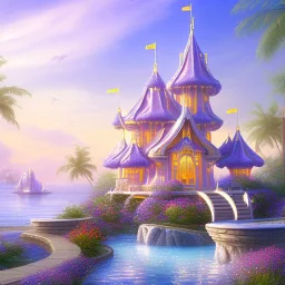 landscape of summer tropical ambient beutiful castle white gold and neon lights bright and colorful bright gloss effect of a futuristic house,like spaceship, natural round shapes concept, large transparent view of the open outdoor garden,sea beach at sunset, gold crystals,with light pink, flowers of Lotus, beutiful pools, light of sun , palmiers,cerisiers en fleurs, wisteria, sun , stars, small waterfalls