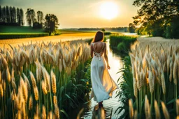 wide angle shot of golden wheat field next to river ,a watermill on river, a beautiful girl in pretty long dress walking in