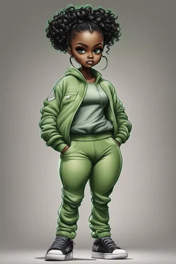 Create an airbrush image of a curvy chibi cartoon black female wearing a light green jogger set and black sneakers. Prominent make up with hazel eyes. Extremely highly detailed of messing curly bun