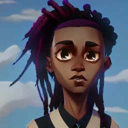 Tala is a black boy with dreadlock hair sad big eyes with a ponytail