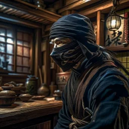 the last ninja in mechanic hall, 8k, down-light, soft light, depth of field, photo realism, trending on art station, high detail