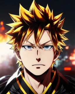 Detailed anime portrait of bakugo from my hero academia, gold hair and golden eyes, black suit, intricate details, full body portrait, keep head in frame, slight smile, black Japanese motif, concept art, highly detailed, digital painting, concept art, sharp focus, illustration, art by Yoji Shinkawa, WLOP and greg rutkowski and alphonse mucha and artgerm and yanjun Chen and Junji ito and Makoto Shinkai, HDR, octane render