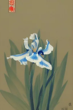 a Japanese painting of a blue iris by artist "Hiroshi Kobayashi"