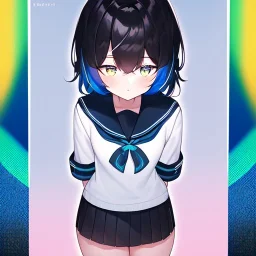 Clear focus,High resolution, Black and Rainbow short fluffy hair, and rainbow eyes, wearing a sailor uniform, must wear a short skirt with a horizontal line, you can only see her from the back, putting on sweater midway