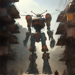 giant mecha in the favela street , close up by Greg Rutkowski, matte painting, intricate, fantasy concept art, elegant, by Stanley Artgerm Lau, WLOP, golden ratio, thomas kindkade, alphonse mucha, loish, norman Rockwell,