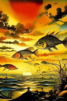 Radiant fishes with large scales flying in the sunset by Dali