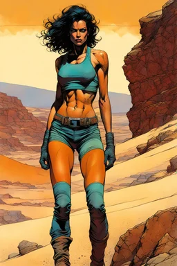 create a fine art print full body illustration of a rugged gritty, roughly textured Fremen female sayyadina with highly detailed feminine facial features, traversing a a rocky outcrop amidst the desert sands of Arrakis, dusty, gritty, in the comic book art style of Bill Sienkiewicz, and Jean Giraud Moebius, finely textured, drawn, colored, and inked,