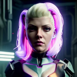 Actress, young Katheryn Winnick, android woman, circuits in face, glow painted face, shaved hair, ghost in the shell, leather coat, cyber punk, neon, army, bamboo, blood, portrait, studio photo, unreal engine 5, soft color, 16 bit, god lights, ray tracing, RTX, lumen lighting, ultra deatail, volumetric lighting, 3d, finely drawn, hd.