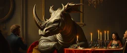 portrait painted by Rembrandt, stupid looking furry dragon rhino at banquet