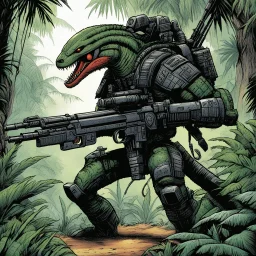 hidden predator [illustration by Kevin Eastman and Peter Laird] in the jungle tactic squadron member trained to kill PREDATORS, helicopterus alien with a lot of mini guns