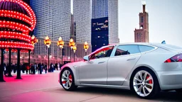 A Tesla's 'Model S Plaid' is doing donuts, on the Navy Pier, in Chicago. CINEMATIC. WIDE ANGLE LENS. PHOTO REAL.