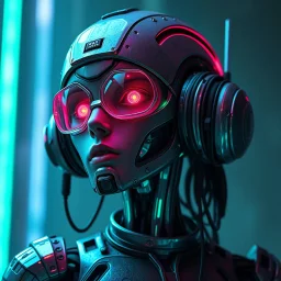 a robot from a dystopian future, cyberpunk aesthetic, worn with age, neon, feminine