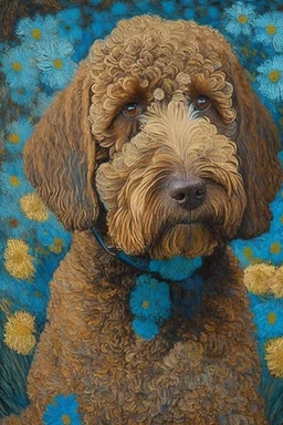 brown labradoodle, flowers, by van gogh