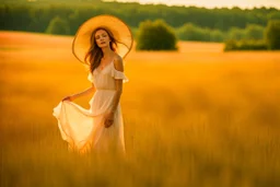 A young woman, elegantly adorned in a big summer hat and a flowing dress that matches the vibrant hues of the surrounding meadow, stands confidently in the center of a vast field. Her eyes are closed, a gentle smile playing on her lips as she feels the warm embrace of the sunshine and the tender kiss of a soft summer breeze. The meadow is a canvas of harmony, painted with a dazzling array of wildflowers that dance and sway in the little wind. The blue sky