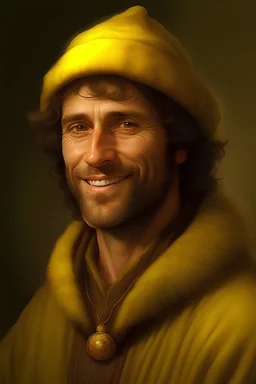 A man in his early fourties, innocent round face, short brown beard, brown slanted eyes, fur hat, curly brown hair in a ponytail, warm smile, dark skin, in a dark yellow robe, realistic epic fantasy style