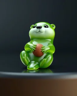 A macro 3D render of a cute, small otter character made entirely of translucent, glossy, lime-green jelly material. The otter is lying on its back on a smooth, dark, reflective surface, holding a small, smooth brown nut between its paws. Soft, diffused studio lighting highlighting the subsurface scattering and gelatinous texture of the otter’s body. High-quality CGI, octane render, 8k resolution, whimsical, adorable, clean composition.