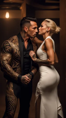 Jason david frank muscular male with short dark hair and tribal tattoos, wearing a designer suit, whispering in ear of young blonde woman, with short hair, wearing short white dress. hyper realistic