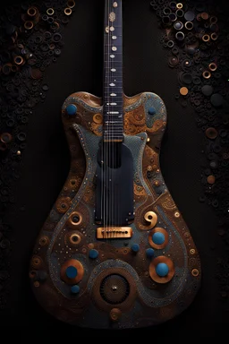 deep dark luminescence rich colors, reminiscent of abstract luxury, minimalist abstract pattern with dots and lines, clean with some abstract elements, with dark colors, trending on artstation, sharp focus, studio photo, intricate details, highly detailed, by Gustav Klimt, Make a picture of the guitar. The guitar must be electric. The guitar must be big. The guitar must be upright. . The guitar should have light notes on the back. The guitar should have a dream design. The guitar must have the s