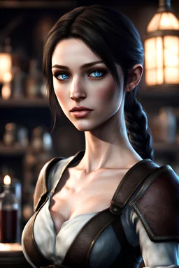 A young female imperial barmaid from Skyrim with light blue eyes, brunette, melancholic, wholesome