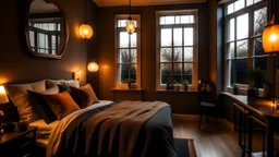 a cozy bedroom with a bay window, a warm glow from a modern lamp, and multiple mirrors reflecting different angles of the room