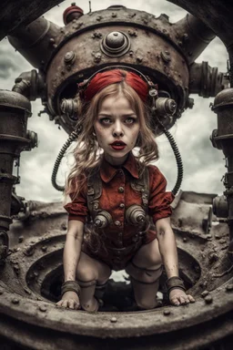 Closeup cute girl with little monster, fullbody, dieselpunk, valves rising from the ground, the perspective looking up from the bottom of an empty well , 8k, macro photography by <John Kenn Mortensen>, darkred tones,