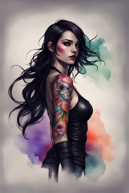 watercolor gothic girl in black leather halter top, white skin, beautiful wavy long black hair, colorful tattoos on the shoulders and arms, Trending on Artstation, {creative commons}, fanart, AIart, {Woolitize}, by Charlie Bowater, Illustration, Color Grading, Filmic, Nikon D750, Brenizer Method, Side-View, Perspective, Depth of Field, Field of View, F/2.8, Lens Flare, Tonal Colors, 8K, Full-HD, ProPhoto RGB, Perfectionism, Rim Lighting, Natural Lighting, Soft Lighting, Accent Ligh