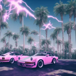 1980's aesthetic vaporwave palm trees and spheres and Porsche with lightning