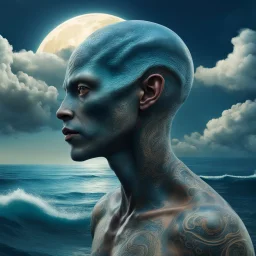 professional portrait of a alien race tatooed typ, the head with 3d bony growths under the skin on the head normal face full body side view the backdrop sea and clouds the sea is ocean_blue the male is natural colored , abstract beauty, approaching perfection, delicate face, dynamic, moonlight, highly detailed, digital painting, artstation, concept art, smooth, sharp focus, illustration, art by Carne Griffiths and Wadim Kashin, shot with Sony Alpha a9 Il and Sony FE 200-600mm f/5.6-6.3 G OSS