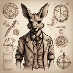 Sketchbook Style, Sketch book, hand drawn, dark, gritty, realistic sketch, Rough sketch, mix of bold dark lines and loose lines, bold lines, on paper, turnaround character sheet, Kangaroo in steampunk world, Full body, arcane symbols, runes, dark theme, Perfect composition golden ratio, masterpiece, best quality, 4k, sharp focus. Better hand, perfect anatomy. by With Design In Mind
